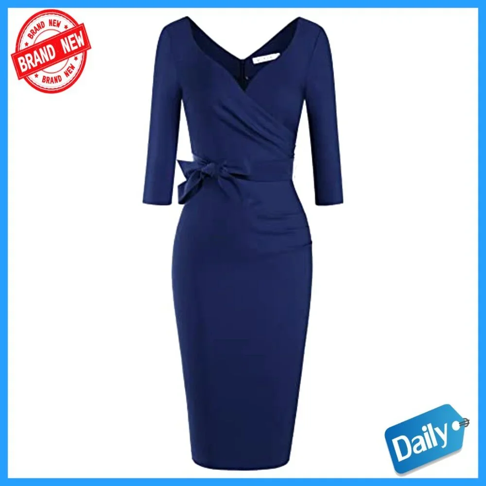 Vintage Faux Wrap V Neck 3/4 Sleeve Formal Classic Party Work Dress with Belt - Picture 4 of 7